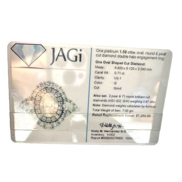 Platinum Double Halo Oval Cut 1.58cttw Diamond Ring JAGi Certified (14302) - Picture 9 of 9